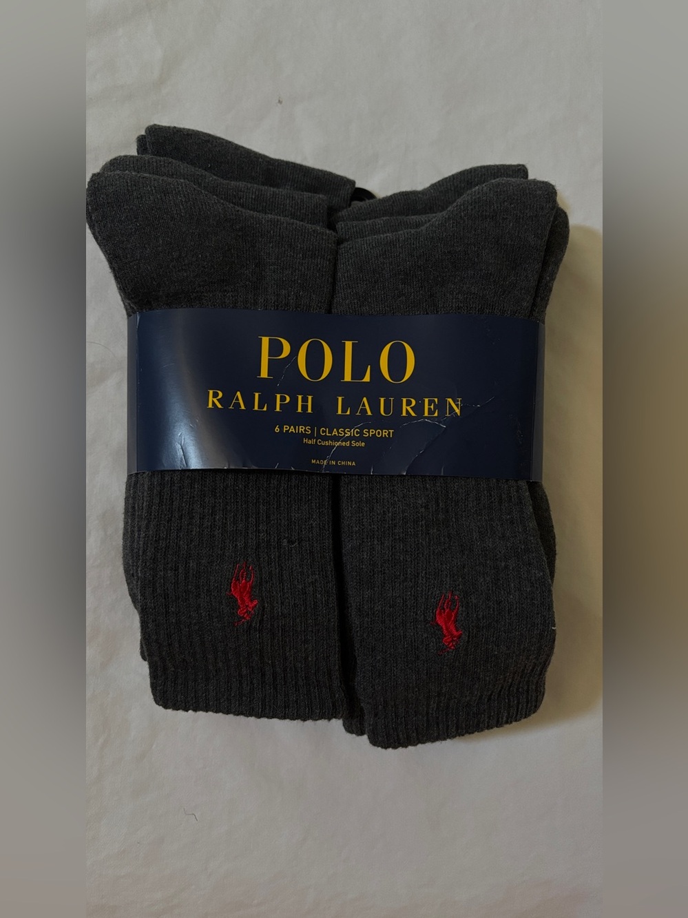 Polo Ralph Lauren Men’s 6-Pair Classic Sport Crew Socks Charcoal Red Logo 10-13